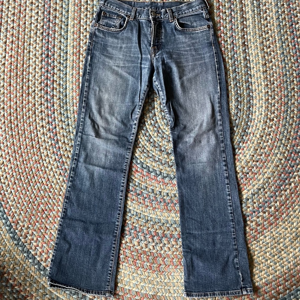 Lucky Brand low rise denim jeans, multiple buttons, boot cut